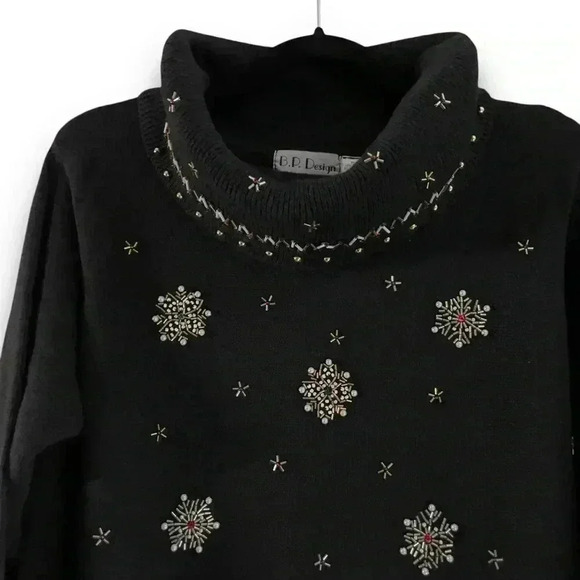 Vintage 90s‎ black pullover knit beaded snowflake sweater L cowl turtle neck EUC - Picture 4 of 9
